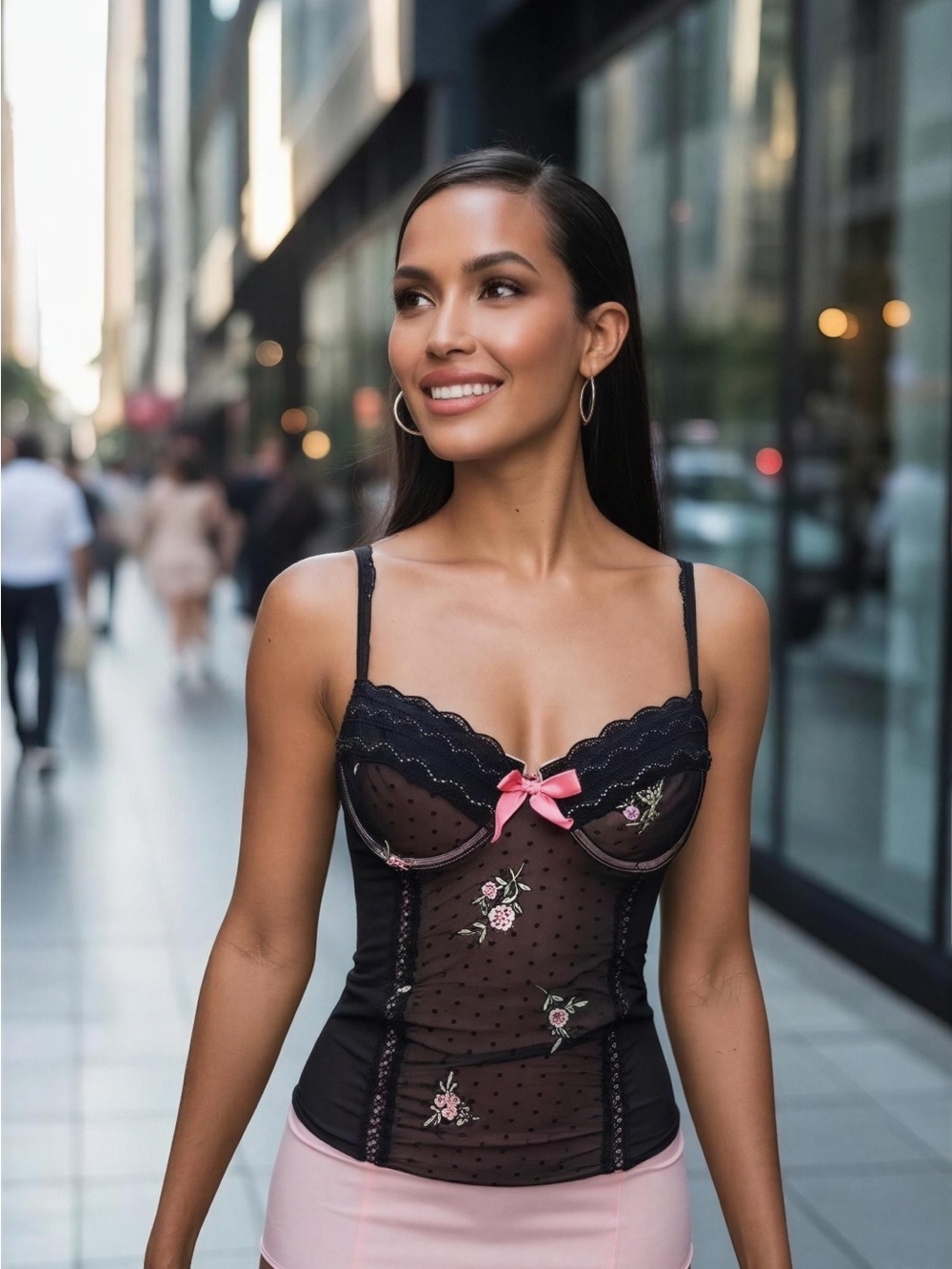 Victoria's Secret Vintage Pink LBL Black Lace Bustier Bra Top Sz 36 B Embroidery